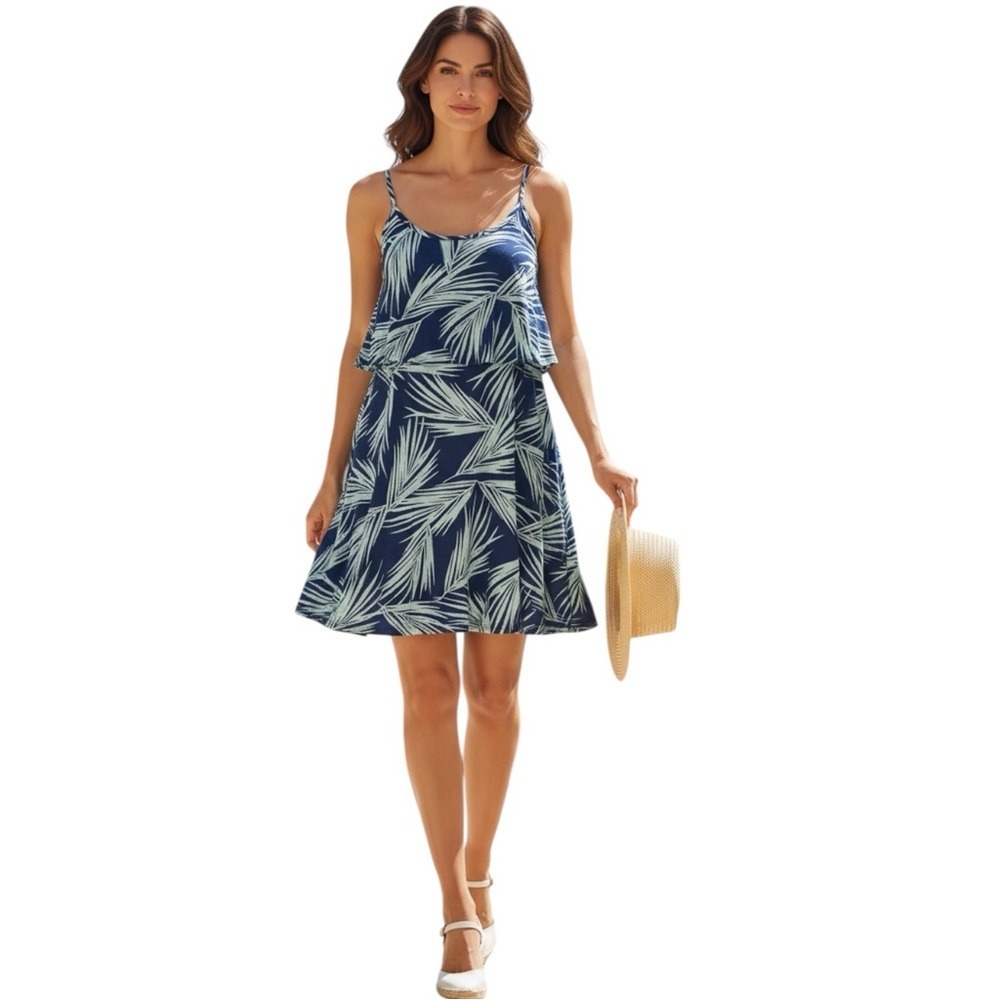 Michael Lauren Marlow Fiesta Dress in a Royal Blue PalmTree Print, Large, NWT